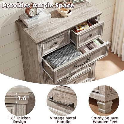 Farmhouse Bedroom Dresser and Nightstand Set of 4, 6 Drawer Tall & Low Dresser & 3 Drawer Nightstand Set with Wooden Legs, Rustic Wood Bedroom Furniture Sets for Livingroom, Hallway, Grey