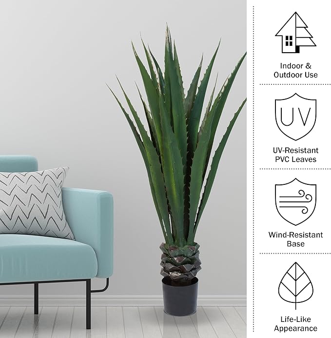 Pure Garden Giant Agave Fake Plant - 52-Inch Faux Succulent with Pot - Modern Artificial Trees for Home Decor Indoor and Outdoor Blend Southwestern Style