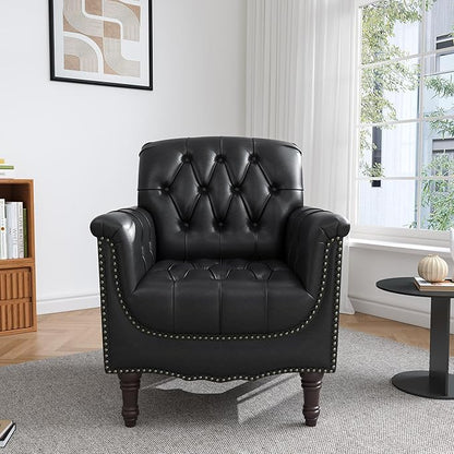 UIXE Faux Leather Accent Chairs Set of 2, Comfy Club Chair Upholstered Armchair for Living Room, Button Tufted Arm Chair Retro Single Sofa Side Reding Seat for Bedroom - Black Blue