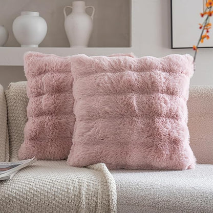 Neelvin Pink Faux Fur Cozy Soft Double-Sided Decorative Throw Pillow Covers 18x18 inch Set of 2,Velvet Pillowcase Cushion Case for Sofa Couch