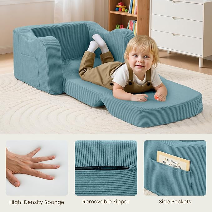 Comfy Toddler Chair for Kids, 2-in-1 Toddler Soft Plush Couch Fold Out, Convertible Kids Couch to Lounger, Baby Sofa for Boys and Girls, Blue