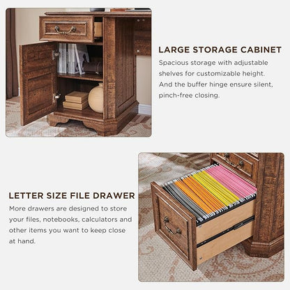 T4TREAM 59" Executive L Shaped Desk with Drawers,Farmhouse Wood Computer Coner Desk,Featuring Charging Station,File Drawer, Storage Cabinet,for Home Office Work and Study (Reclaimed Barnwood)