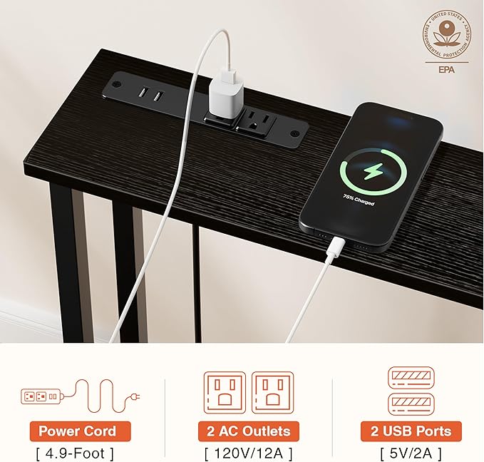 90" Narrow Sofa Table - 2 Power Outlets & 4 USB Ports, Metal Frame,Perfect for Hallway, Office, and Behind Sofa - Easy Assembly, 4.9ft Extension Cord Included Black