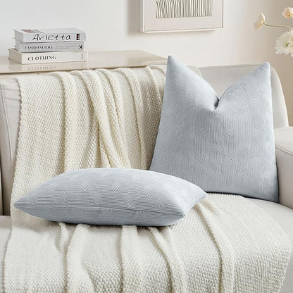 FUTEI Light Blue Chenille Decorative Throw Pillow Covers 12x20 Inch Set of 2,Soft Cozy Striped Geometric Patterns Lumbar Pillow Cases,Modern Home Decor for Couch Bed Living Room