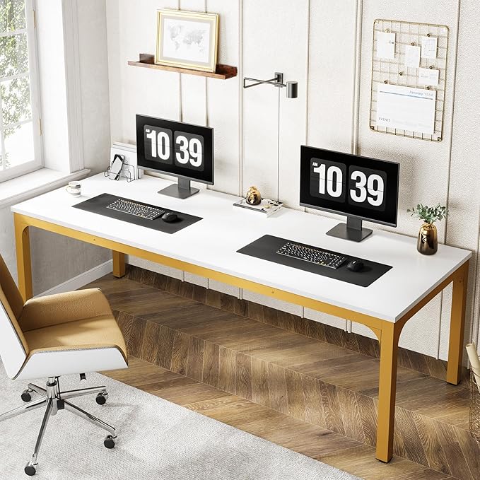 Tribesigns Modern 78.7 Inches Extra Long Computer Desk 2 Person Desk, Double Long Desk, Workstaion for Home Office, White+Gold