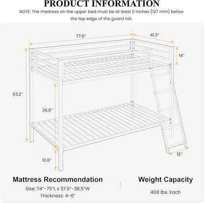 SHA CERLIN Loft Bunk Bed Twin Over Twin Size with Ladder and Guardrail,Heavy Duty Metal Slats Support No Box Spring Needed Small Space Saving Furniture for Bedroom Dorm,White