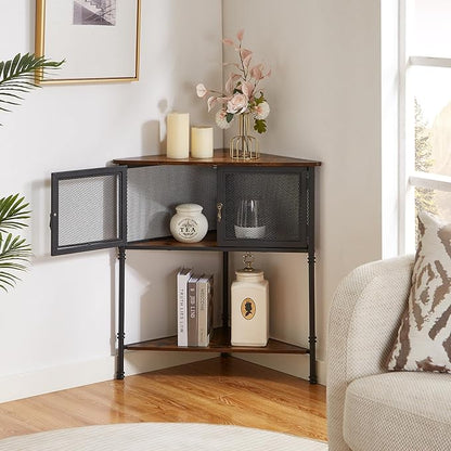 VECELO 3 Tier Corner Cabinet,Corner Table Shelf with Storage Cabinet,Industrial Metal Frame and Wood Shelves Organizer for Small Spaces in Living Room/Bedroom/Kitchen
