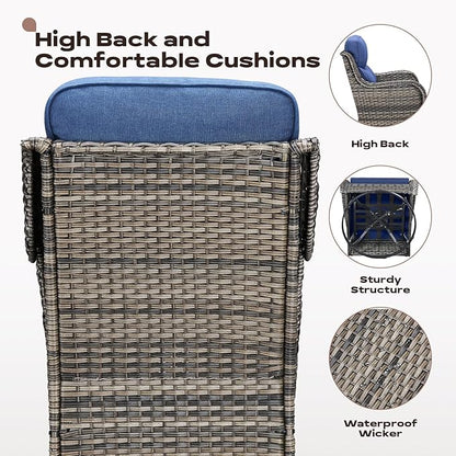 Rilyson Wicker Outdoor Patio Furniture Set - 4 Piece Patio Conversation Set with Swivel Rocker Chairs and Ottomans, 6 inch Cushions, High Back, Deep Seating, for Porch Deck Garden Mixed Grey/Blue