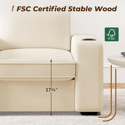 Furnimart 4-Seater Sectional Sofa and Couch Set Teddy Fabric, Loveseat & 2PC Chairs with USB Charger and Cup Holder, Small Living Room Furniture Set for Apartment, Tiny Homes and Lofts, 3PC-Beige
