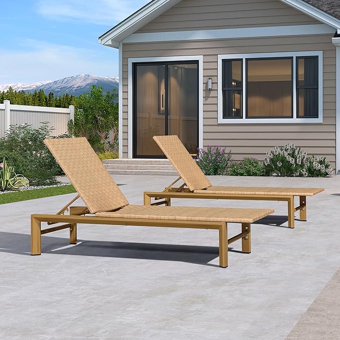 PURPLE LEAF Patio Oversized Chaise Lounge Rattan Chair Set of 2 Outdoor Pool Adjustable Recliner Wicker Chairs for Outside Woven Furniture Tanning Poolside Lounger Sand Brown