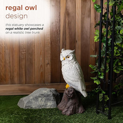 Alpine Corporation JUM584 Indoor Outdoor Life Like Owl on Tree Trunk Garden Static, Rustic Owl Statue for Yard, 28" Tall, White