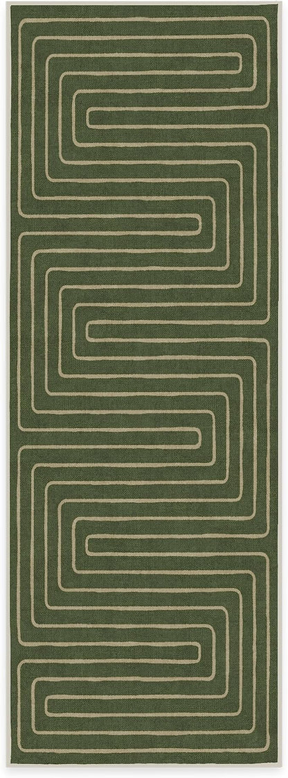 RUGGABLE x Jonathan Adler Machine Washable Modern Runner Rug – Labyrinth Fern Green 2.5x7, Stain-Resistant, Non-Slip – Washable Rug for Hallway, Entryway, Living Room & Kitchen–with Cushioned Pad