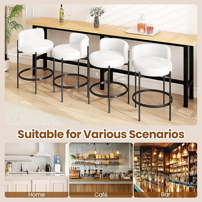COSTWAY Counter Height Bar Stools Set of 2, 24.5 Inch Boucle Modern Barstools w/Curved Backrest, Metal Frame, Comfy Footrest, Upholstered Island Chairs for Dining Room, Kitchen, Cafe, 400 LBS Max Load