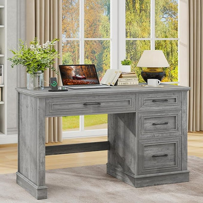 Vabches Farmhouse 47" Executive Desk, Computer Desk with Drawers and File Drawer, Workstation Computer Desk with Charging Station for Home Office,Study,Grey.
