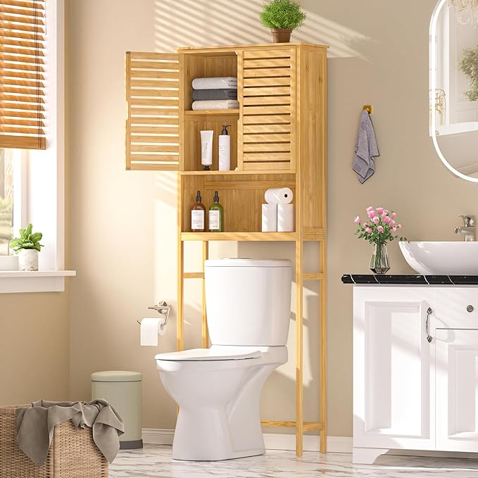 MUPATER 67" H Bathroom Over The Toilet Storage Cabinet with Doors and Shelves, Bamboo Over Toilet Organizer, Freestanding Tall Space Saver Toilet Rack, Natural Wood