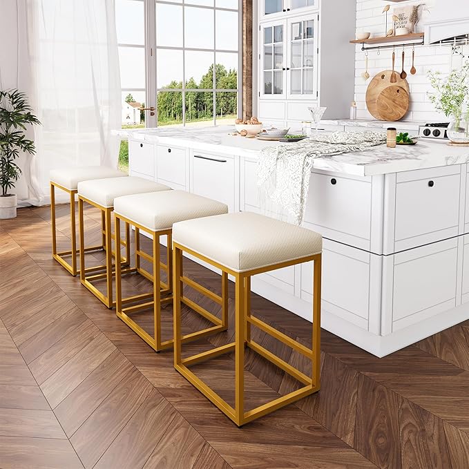 ALPHA HOME 24 Inch Counter Height Bar Stools Set of 2, Upholstered Bar Stools for Kitchen Island, Counter Stools with Faux Leather Cushion and Sturdy Metal Frame, Modern Barstools, White and Gold