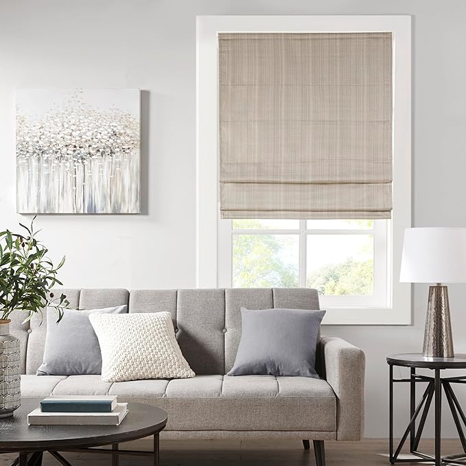 Madison Park Galen Cordless Roman Shade, 34"W x 64"H, Sheen Taupe – Room Darkening, Thermal Insulated, Energy Efficient Window Blind with Subtle Sheen Basketweave Fabric for Privacy