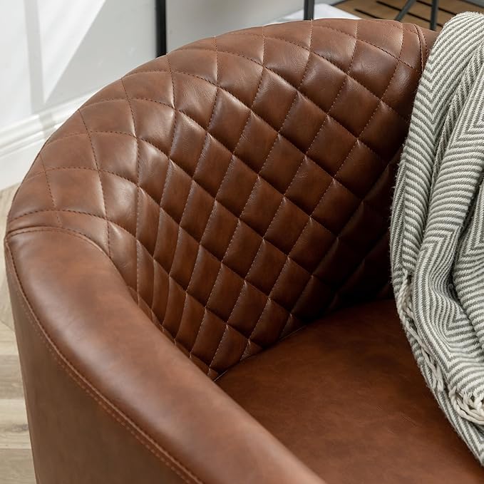 KINWELL 29" W Faux Leather Barrel Chairs Set of 2, Modern PU Upholstered Tufted Club Chairs with Nailhead Trim, Small Armchairs Accent Chairs for Living Room Bedroom Apartment Lounge Nursery, Brown