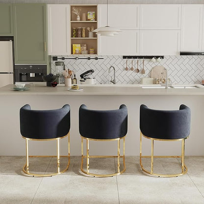Contemporary Black Velvet Bar Stool, 24" Upholstered Fabric Counter Height Barstool Kitchen Counter Island Stool with Screwed Together Golden Metal Base
