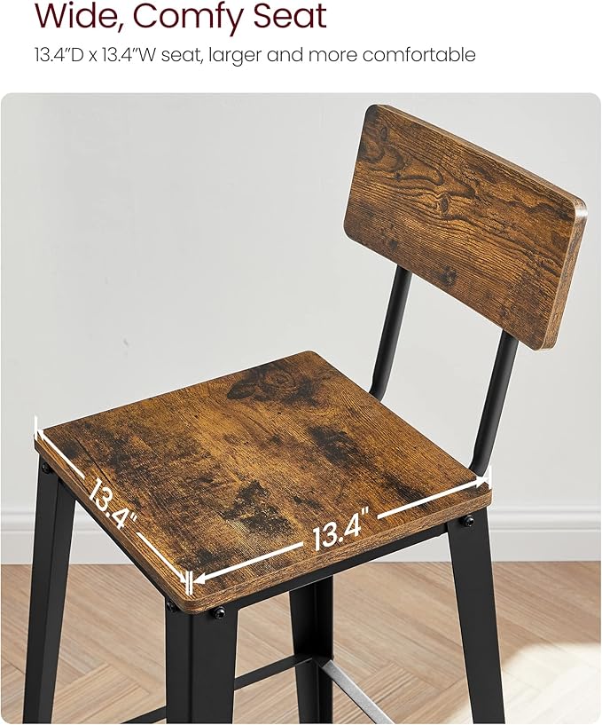 VASAGLE Set of 4 Bar Stools, Bar Height Stools, 29.1 Inches Tall Barstools with Back, Counter Bar Chairs for Kitchen Island, Steel Frame, Industrial Style, Easy Assembly, Rustic Brown and Ink Black