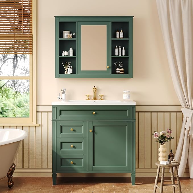 Bathroom Wall Cabinet with Mirror, 35'' x 27.5'' Medicine Cabinet with Mirror Door and Adjustable Shelves, Over Toilet Storage Cabinet, Wall-Mounted Bathroom Mirrors for Over Sink with Storage