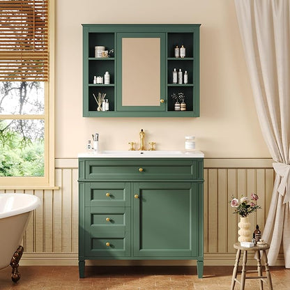 Bathroom Wall Cabinet with Mirror, 35'' x 27.5'' Medicine Cabinet with Mirror Door and Adjustable Shelves, Over Toilet Storage Cabinet, Wall-Mounted Bathroom Mirrors for Over Sink with Storage