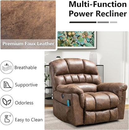 Power Lift Recliner Chair with Massage and Heat for Elderly, Faux Leather Electric Lifting Recliners with USB Port, Overstuffed Wide Reclining Sofa with Side Pockets for Living Room, Brown