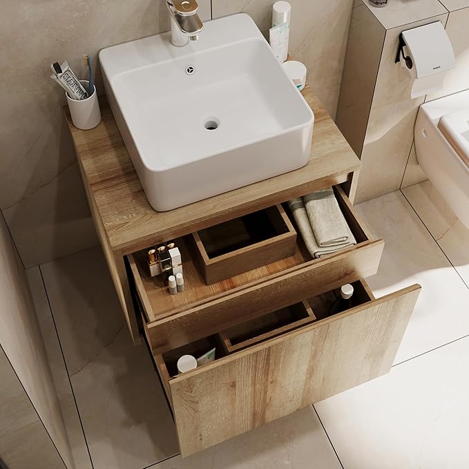 Bathroom Vanity with Sink,Bathroom Vanities， Natural Color Wall-Mounted Bathroom Vanity with Hidden Drawer