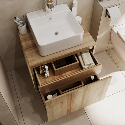 Bathroom Vanity with Sink,Bathroom Vanities， Natural Color Wall-Mounted Bathroom Vanity with Hidden Drawer