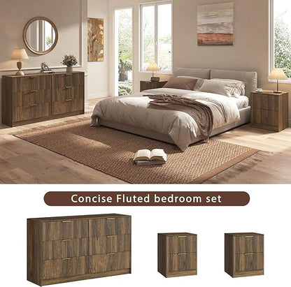 3-Piece Modern Bedroom Furniture Set, Wide 6-Drawer Dresser & 2-Drawer Nightstands Set of 2, Natural Wood Dresser and Nightstand Sets for Bedroom, Hallway, Walnut