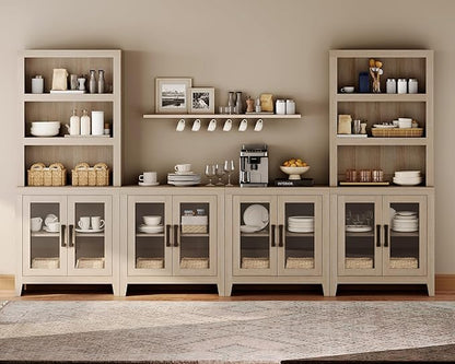 WAMPAT Farmhouse Entertainment Center with Bookshelves, 4-Piece Modular TV Stand with Storage Towers, Glass Doors, Open Shelves, Media Console for Living Room, Home Theater, Beige