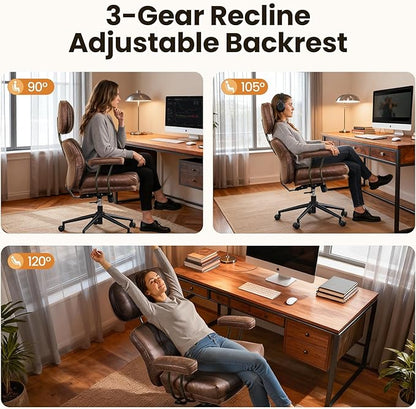 Mid-Century Modern Office Chair, Home Office Desk Chair with Adjustable Lumbar Support, Thickened Cushion Executive Desk Chair with 360 Rolling Swivel for Meeting Game Study Room(Dark Brown)