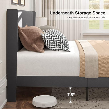 Gizoon Queen Bed Frame with Wingback Headboard, Upholstered Platform Bed with Modern Geometric Headboard, Wooden Slats, Noise-Free, No Box Spring Needed