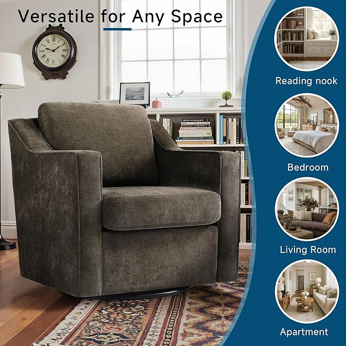 Pia Ricco 2-Pack Plush Oversized Chenille Fabric Swivel Accent Chairs with Removable Covers, Living Room Reception Bundle Set,Night Brown Black
