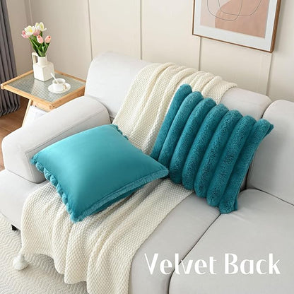FUTEI Teal Decorative Throw Pillow Covers 24x24 Inch Set of 2, Square Soft Faux Rabbit Fur Thick Striped European Cushion Covers,Winter Home Decor for Couch Bed Living Room