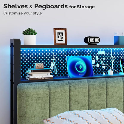 VINGLI Twin or Twin XL Size Headboard, Adjustable Upholstered Headboard with 2 Tier Shelves and Pegboard with Charging Stations and LED Lights, Modern Bed Headboard with Storage for Bedroom Decor