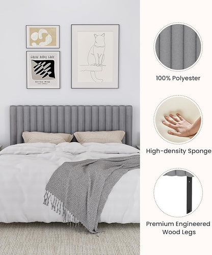 Upholstered Headboard for Queen Size, Adjustable Height Channel Tufted Headboard with Sturdy Wood Legs for Bedroom, Modern Style, No Box Spring Needed, Grey