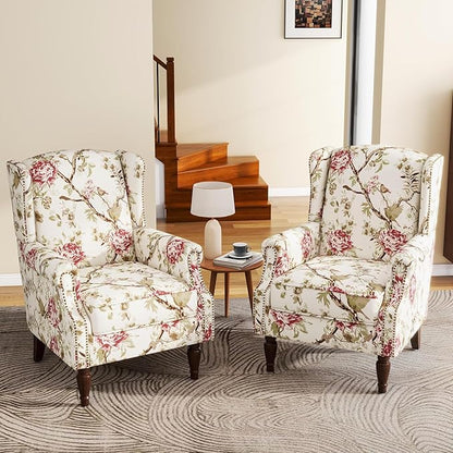 UIXE Floral Accent Chairs Set of 2, High Back Upholstered Armchair Wingback Arm Chair in Fabric for Living Room, Nailhead Trim Single Sofa Bedroom Side Reading Seat with Retro Solid Wood Legs - Beige