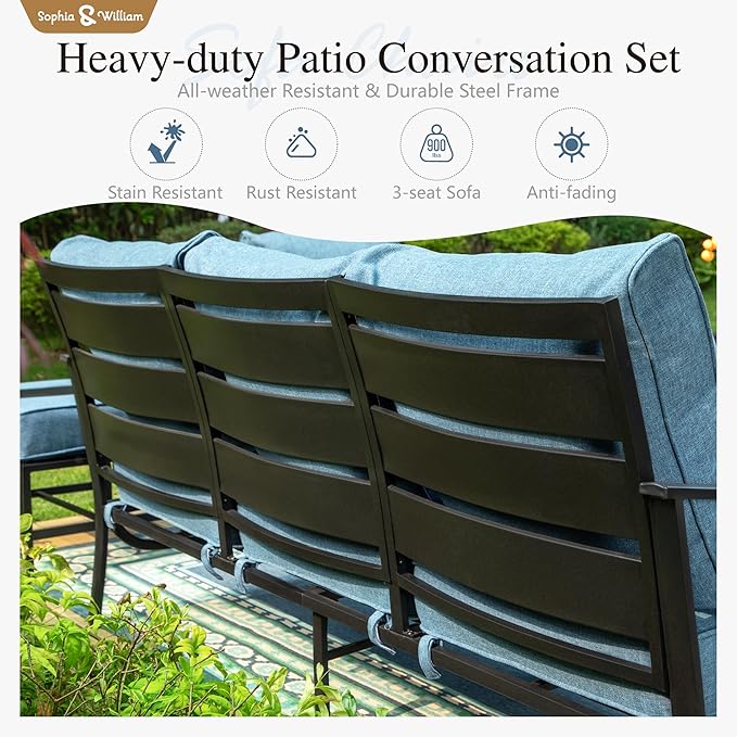 Sophia & William Patio Furniture Sets with 45" Gas Fire Pit Table Outdoor Metal Conversation Sets for 5, 2 x Swivel Cushioned Patio Sofa Chairs, 1 x 3-Seat Sofa 4 Pieces for Lawn Backyard Navy