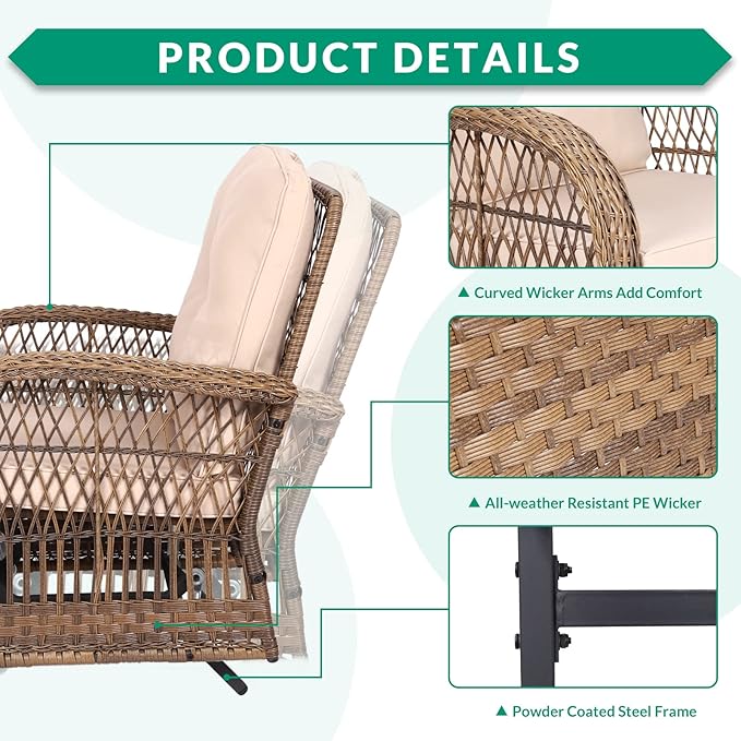 VIVIJASON 3-Piece Patio Wicker Conversation Bistro Set, Outdoor Rattan Glider Rocking Chairs, Wicker Rattan Furniture Set w/ 2 Rocking Chairs and Glass Top Side Table for Porch Backyard, Light Brown