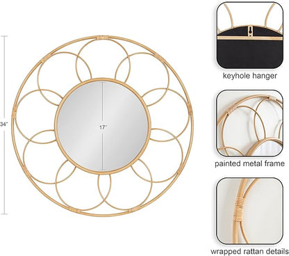 Kate and Laurel Cori Boho Round Mirror; 34 Inch Diameter; Natural; Light Decorative Metal Mirror with Rattan Accenting for Coastal Home Wall Decor