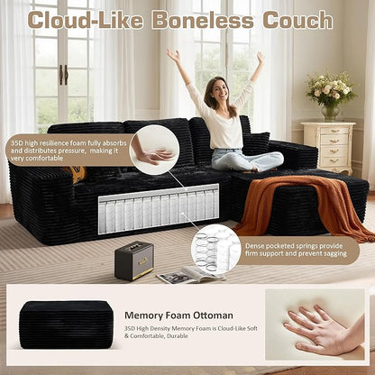 165.7'' U Shaped Sectional Couches for Living Room, Oversized Boneless Cloud Couch with Chaise, Modular Sofa Sets Deep Seat Plush Corduroy, No Assembly Required,Plush Corduroy,Black