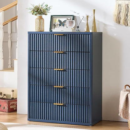 LEYAOYAO Fluted 5 Drawers Dresser Set of 2, 41" Tall Modern Chest of Drawers with Metal Handle, Curved Profile Dresser TV Stand, Wooden Drawer Organizer for Bedroom, Living Room, Hallway, Navy Blue