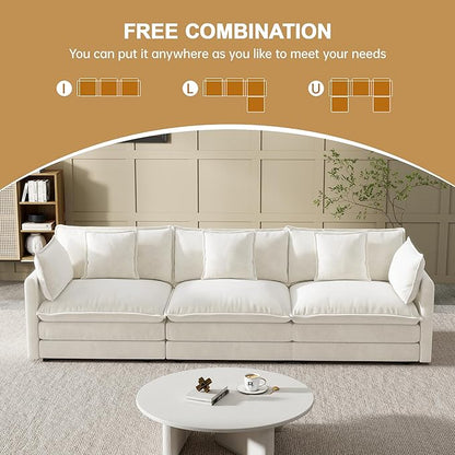 Modular Sectional Sofa, 111.5 Inch I-Shaped Cloud Sofa with Deep Seat Chenille Sofa with Cushions, Three-Self Sectional Sofa for Living Room Apartment,White