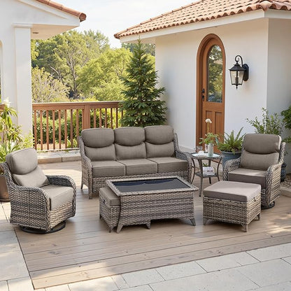 Belord Luxury 6" Thick Cushioned 7 Pieces Patio Furniture Set with Outdoor Couch, Wicker Outdoor Conversation Set with High Back Swivel Rocker Chairs for Deck Porch Yard and Poolside - Grey+Grey