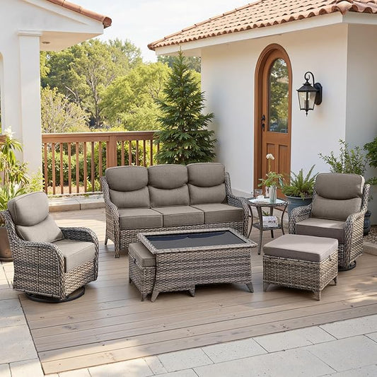 Belord Luxury 6" Thick Cushioned 7 Pieces Patio Furniture Set with Outdoor Couch, Wicker Outdoor Conversation Set with High Back Swivel Rocker Chairs for Deck Porch Yard and Poolside - Grey+Grey