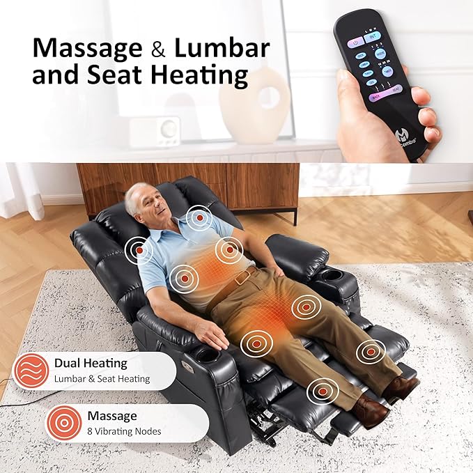 MCombo Large Triple Motor Power Lift Recliner Chair with Massage and Dual Heating, Adjustable Headrest for Tall Elderly People, Faux Leather 7634 (Black, Large)