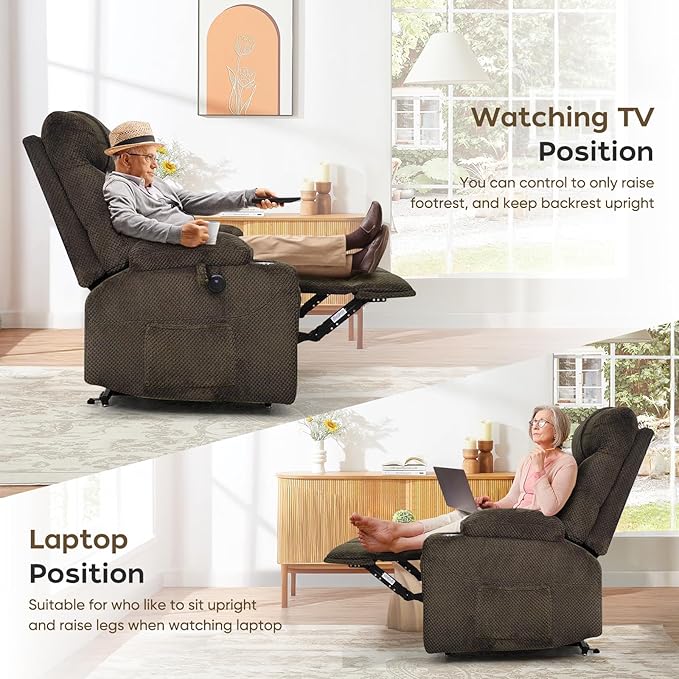 ABCASA Oversized Dual Motor Lay Flat Power Lift Recliner Chair with Massage, Heating, Lumbar Pillow, USB & Type-C Ports, Textile Lift Chairs Recliners, Large Recliner for Big & Elderly People - Brown
