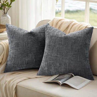 decorUhome Dark Grey Chenille Throw Pillow Covers 18x18 Set of 2 Thick Textured Slubby Couch Pillow Covers Farmhouse Accent Modern Neutral Decorative Pillow Cases for Bed Sofa Living Room