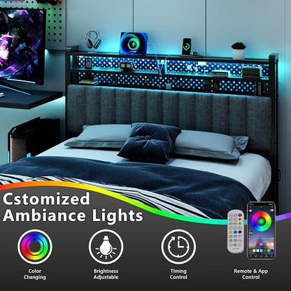 VINGLI Full Size Headboard Only, Adjustable Upholstered Headboard with 3 Tier Shelves and Pegboard with Charging Stations and LED Lights, Modern Bed Headboard with Storage for Bedroom Decor